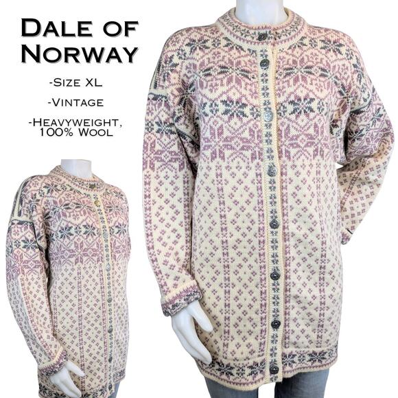 Dale Of Norway Cardigan XL Fair Isle Nordic Wool Cream Pink Ski Sweater - Picture 1 of 10